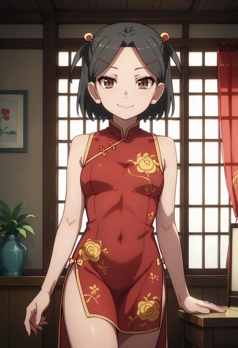 score_9, score_8_up,
1girl, <lora:SeikoOhki_OffSeason_PDXL:1>, seikoohki, hair ornament, brown eyes, black hair, short hair, hair bobbles, two side up,
red china dress,
slight smile,
indoors