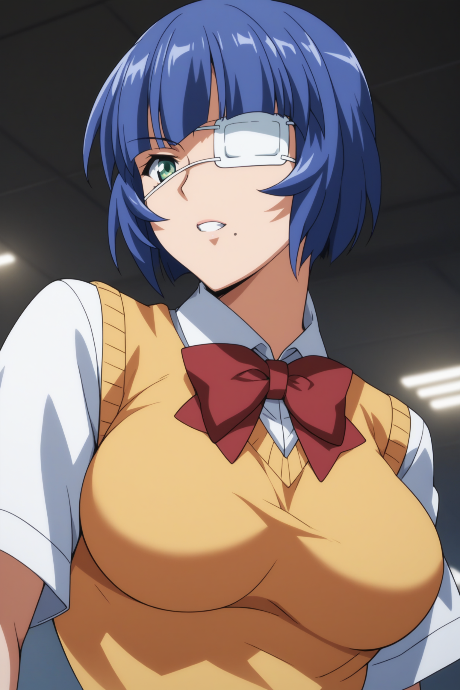 score_9, score_8_up, score_7_up, score_6_up, score_5_up, source_anime, rating_safe, medium breasts, indoors, 1girl, solo, looking at viewer, <lora:age_slider_v4:3>, (upper body:1.2), (dynamic pose:1.2), ryomou shimei, blue hair, short hair, green eyes, eyepatch, Ryomouschool, short sleeves, white shirt, collared shirt, red bowtie, yellow sweater vest, blue gloves, red skirt, pleated skirt, blue kneehighs, striped socks, black boots, <lora:Shimei_Ryomou:0.8>