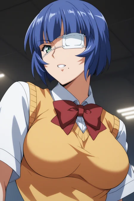 score_9, score_8_up, score_7_up, score_6_up, score_5_up, source_anime, rating_safe, medium breasts, indoors, 1girl, solo, looking at viewer, <lora:age_slider_v4:3>, (upper body:1.2), (dynamic pose:1.2), ryomou shimei, blue hair, short hair, green eyes, eyepatch, Ryomouschool, short sleeves, white shirt, collared shirt, red bowtie, yellow sweater vest, blue gloves, red skirt, pleated skirt, blue kneehighs, striped socks, black boots, <lora:Shimei_Ryomou:0.8>