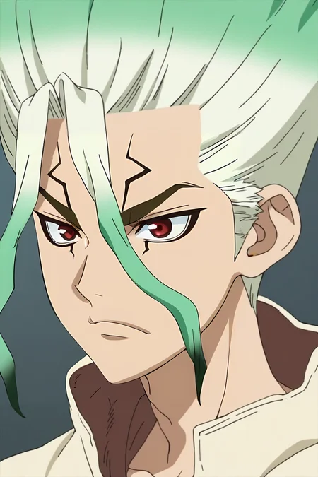 score_9, score_8_up, score_7_up, source_anime, anime screencap, anime coloring, official style, , , , 1boy, solo, male focus, <lora:senkuu_ishigami_pony:0.84>, senkuu_ishigami, green hair, red eyes, multicolored hair, two-tone hair, white hair, facial mark, hoodie,, rural, , <lora:sdxl_lightning_8step_lora:1>