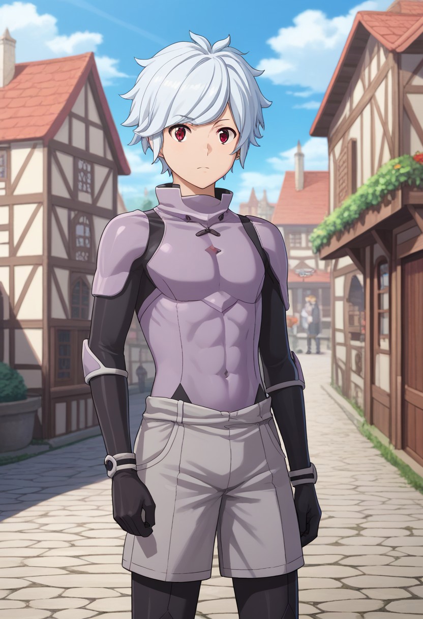 score_9, score_7_up, source_anime 
belcranel, 1boy, male focus, solo, red eyes, white hair, bodysuit, black bodysuit, grey bodysuit, shorts, grey shorts,
outdoor, village, medieval,