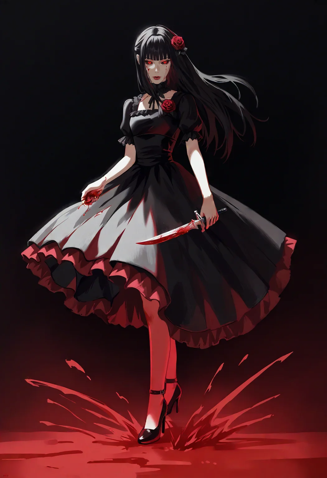 score_9, score_8_up, score_7_up, score_6_up, score_5_up, score_4_up,
BREAK
1girl, black hair, red eyes, long hair, straight hair, blunt bangs, blunt ends, half-closed eyes, glowing eyes, slit pupils, red lips, expressionless, looking away, black sclera,
BREAK
solo, dancing, black dress, frills, gothic dress, red rose, rose dress, roses, holding dagger, blood on weapon, blood pool, black high heels, blood mist,
BREAK
black background, dark, simple background, dynamic pose, <lora:Lunas-Uqi32-SDXL-A1:1>