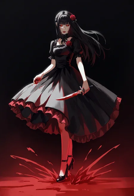 score_9, score_8_up, score_7_up, score_6_up, score_5_up, score_4_up,
BREAK
1girl, black hair, red eyes, long hair, straight hair, blunt bangs, blunt ends, half-closed eyes, glowing eyes, slit pupils, red lips, expressionless, looking away, black sclera,
BREAK
solo, dancing, black dress, frills, gothic dress, red rose, rose dress, roses, holding dagger, blood on weapon, blood pool, black high heels, blood mist,
BREAK
black background, dark, simple background, dynamic pose, <lora:Lunas-Uqi32-SDXL-A1:1>