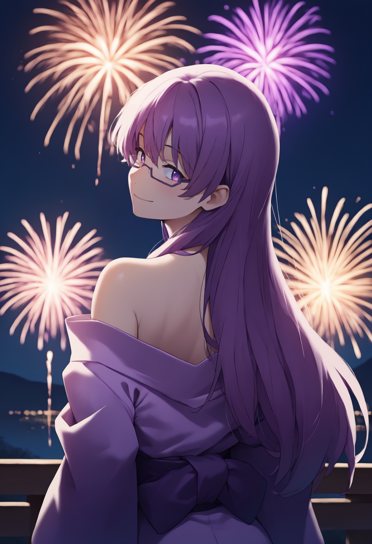 masterpiece, best quality, newest, anime, from behind, solo, 1girl, she3le, smile, looking back, long hair, purple hair, purple eyes, semi-rimless eyewear, under-rim eyewear, glasses, japanese clothes, purple kimono, off shoulder, bare shoulders, outdoors, night, fireworks
<segment:yolo-face_yolov8m.pt,0.4,0.5//cid=1>