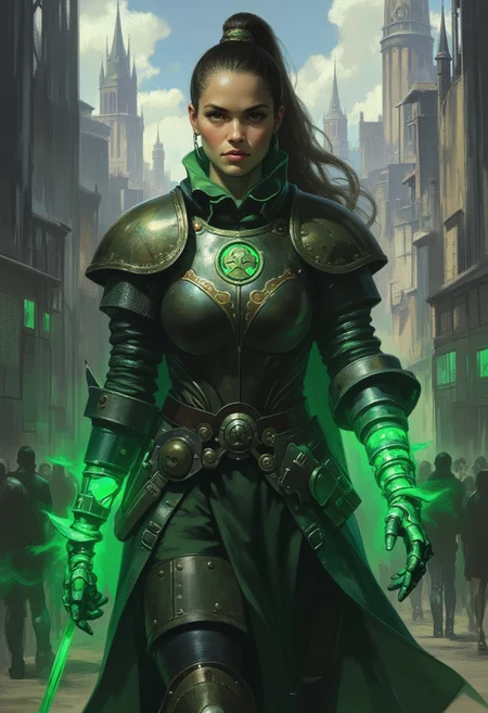 Frank Frazetta fantasy oil painting of beautiful young cyberpunk knight in medieval breastplate, glowing prosthetic, close up portrait of woman with a glowing green prosthetic arm and hand, she is walking through a city, w4rh4mm3r style oil painting, grimdark