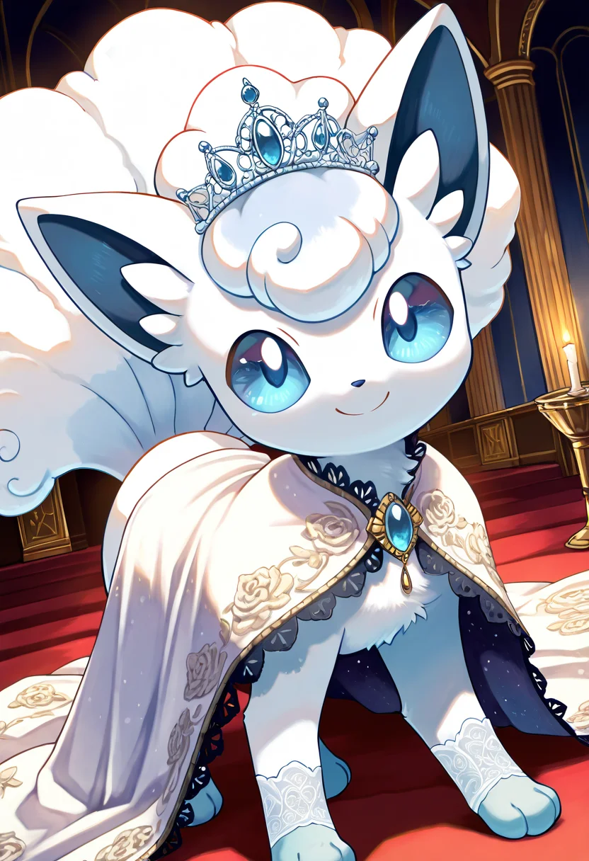 masterpiece, best quality, (no humans:1.1), solo, smile, looking at viewer, dynamic angle, foreshortening, close up,      zzVulpixA, fluffy, white fur,  ,<lora:VulpixAlolanPokedex_IXL_v1:1.0>,   [Noble Lady], elegant embroidered gown made of rich velvet and satin, golden belt with intricate clasp, flowing silk sleeves with lace trim, jeweled tiara resting atop her flowing hair, delicate white gloves, fur-lined cloak draped over her shoulders, standing in a grand banquet hall with opulent tapestries and candlelight,