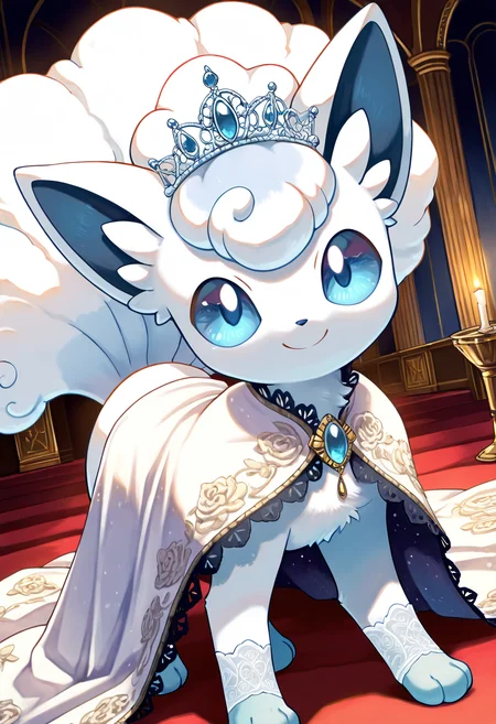 masterpiece, best quality, (no humans:1.1), solo, smile, looking at viewer, dynamic angle, foreshortening, close up,      zzVulpixA, fluffy, white fur,  ,<lora:VulpixAlolanPokedex_IXL_v1:1.0>,   [Noble Lady], elegant embroidered gown made of rich velvet and satin, golden belt with intricate clasp, flowing silk sleeves with lace trim, jeweled tiara resting atop her flowing hair, delicate white gloves, fur-lined cloak draped over her shoulders, standing in a grand banquet hall with opulent tapestries and candlelight,
