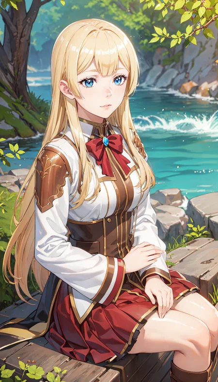 photorealistic, (4k), depth of field, (Masterpiece), (realistic skin texture), extremely detailed, intricate, hyper detailed, professional photography, bokeh, high resolution, sharp detail, best quality, girl, long hair, blonde hair, straight hair, blue eyes, white shirt, long sleeves, red skirt, <lora:GoodHands-vanilla:0.4>, <lora:detail_slider_v4:0.8> , dynamic pose, (sitting parallel to the camera, hand on knee), <lora:Sif Rembrandt:0.7>, river, waterfall, outdoors,