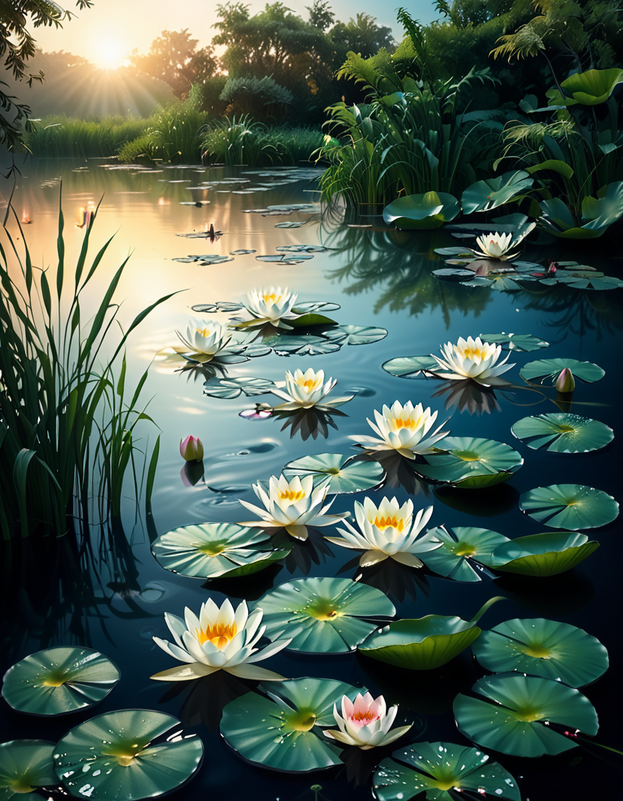 A highly detailed and realistic photograph of a serene lily pond surrounded by lush greenery. The calm water reflects the soft sunlight filtering through the overhanging trees. The surface is adorned with vibrant green lily pads, some with delicate pink and white water lilies in full bloom. A few dragonflies hover above the water, their wings catching the light. Gentle ripples create subtle distortions in the reflection of the sky and foliage. In the background, a dense array of reeds and aquatic plants frame the pond, adding depth and texture. The soft golden glow suggests late afternoon or early evening, enhancing the tranquil and picturesque atmosphere. The composition is balanced, drawing the viewerâs eye toward the natural beauty of the water lilies and their intricate details.
 <lora:SDXLFaeTastic2400:0.4> <lora:extremely_detailed:0.4> extremely detailed,<lora:lily_p0nd:1>,lily p0nd, Masterpiece,best quality,hi res,8k,hi res,8k,award winning,(sharp focus, intricate, highly detailed),