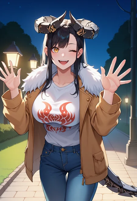score_9, score_8_up, score_7_up, anime screencap, source_anime, 1girl, solo,
<lora:Obsidian_Dragon_V1:.85>, KJOobsidian, black hair, yellow eyes, long hair, horns, mechanical tail, asymmetrical bangs,
jeans, white print t-shirt, black fur coat, open jacket,
waving, smile, open mouth, one eye closed,
night, park, trees, street lamps, grass,
(Beautiful, large Breasts:1.2),