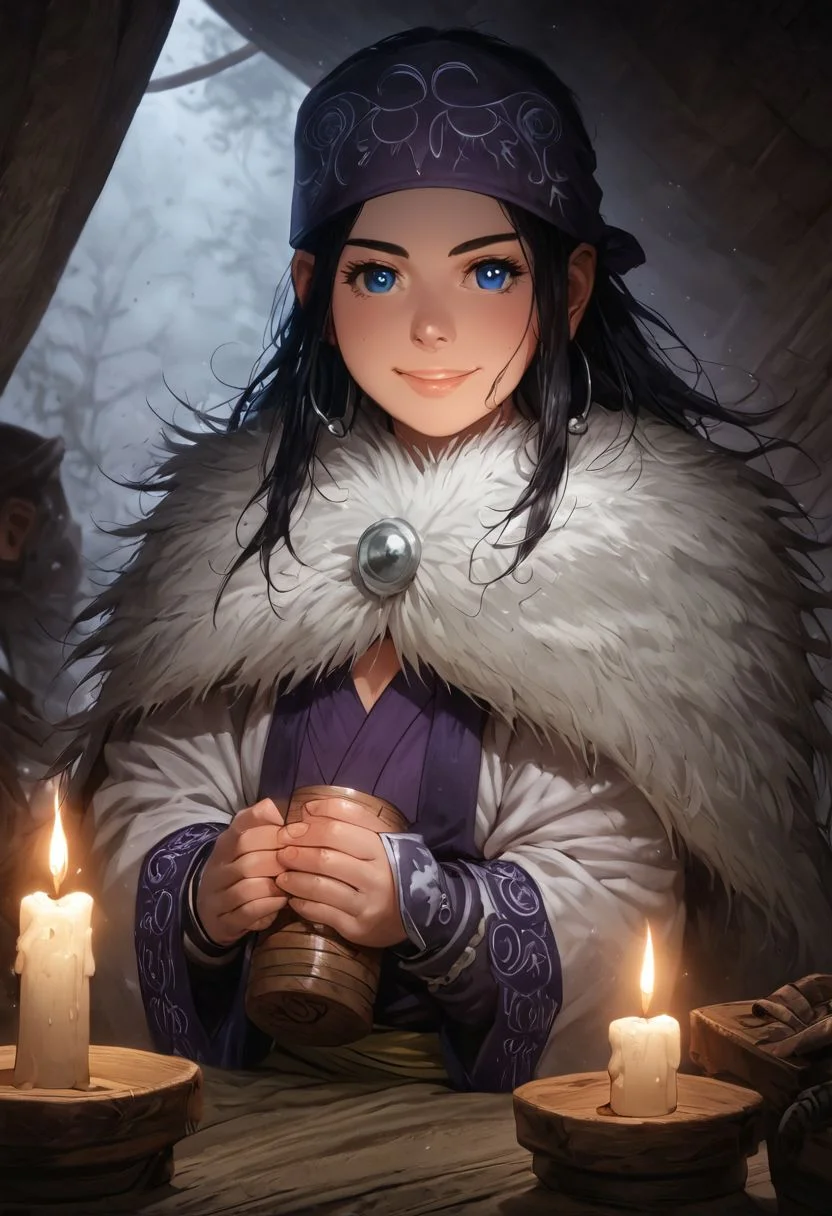 score_9, score_8_up, score_7_up,
asirpa, black hair and blue eyes, jewelry, hoop earings, cape, fur cape, bandana headband, ainu clothes, in a tent, shiny skin, wet skin, leaning forward, cleavage, small breasts, eye contact, long hair, light smile, moody lighting, standing and holding drinks, suggestive pose, bottles, dim lighting, candle light, medieval fantasy, perfect quality, high quality, photorealistic, sitting BREAK dark and orange hue, (abstract:0.2)