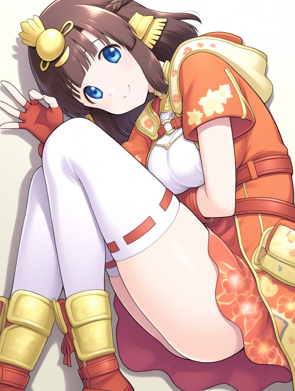 perfect quality,best quality,absolutely eye-catching,ambient occlusion,raytracing BREAK
1girl,<lora:miki hinamaturi IL v1.1:0.8>,hinamaturi,brown hair,medium hair,hair ornament,blue eyes,dress,short dress,fingerless gloves,thighhighs,boots,solo,, pov, looking at viewer,bust,fetal_position,ok_sign,arm_around_waist,knee_up,