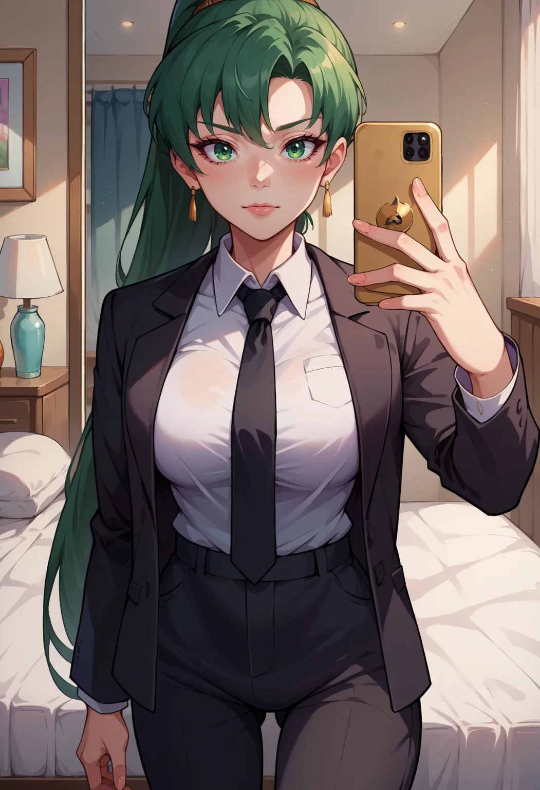 score_9, score_8_up,score_7_up, source_anime, 1girl, solo, <lora:EPfeLynPony_epoch_7:1.0>, EPfeLyn, green hair, green eyes, long hair, high ponytail, jewelry, large breasts, business suit, black pants, white collared shirt, black suit, black jacket, black necktie, selfie, taking picture, mirror selfie, bedroom, bed, mirror,