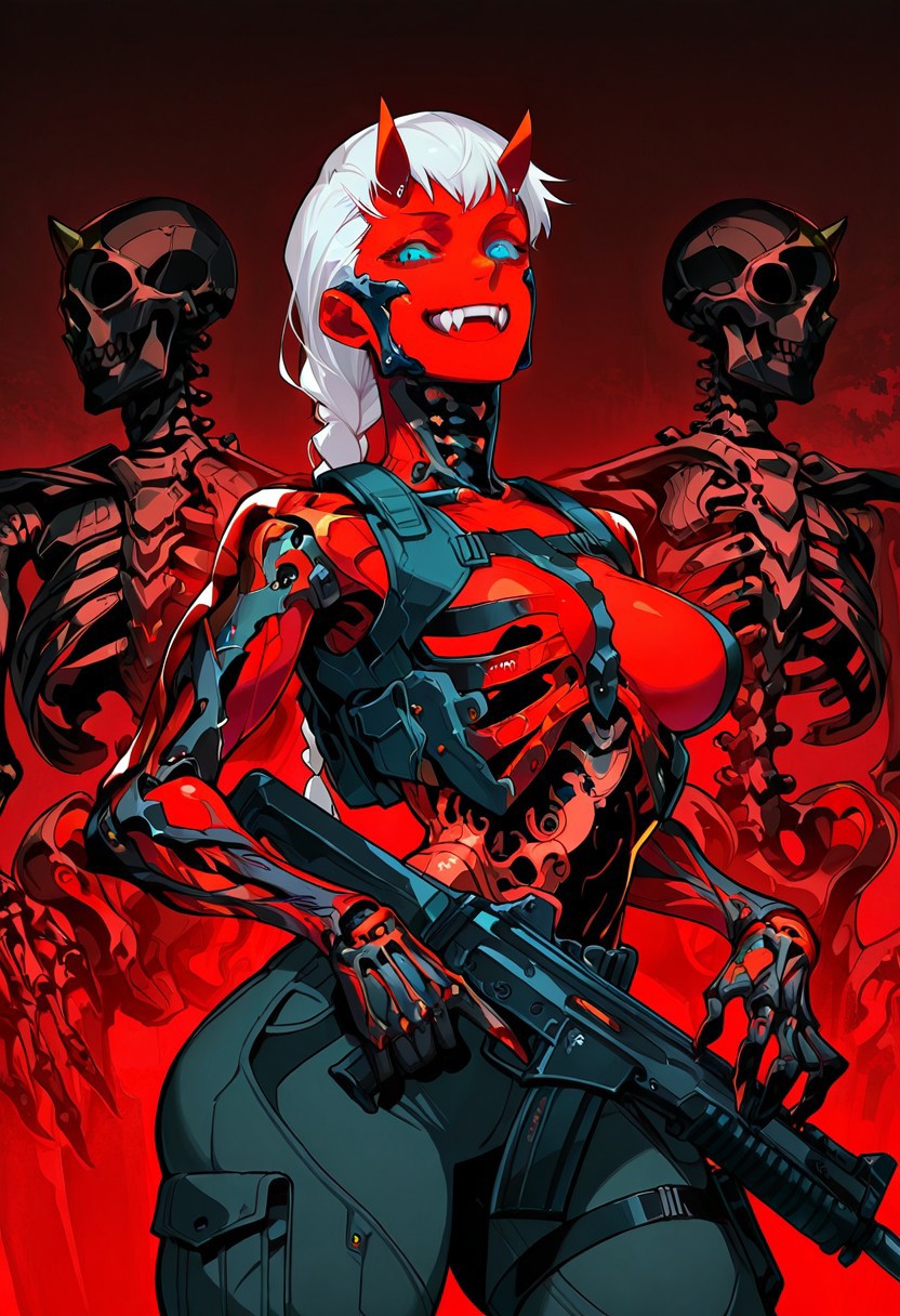 mechanical parts, skeleton, science fiction, standing, spikes, Metal skeleton, score_9, score_8_up, score_7_up, solo, looking at viewer, seductive gaze, white hair, long hair, horns, large breasts, round breasts, perfectly round breasts, abs, perfect hands, metal skeleton, transparent body, smile, sharp teeth, cute face, detailed teeth, face focus, evil smile, transparent skin, close-up, tilted head, side view, red background, semi-transparent skin, fangs, red skin, artist:moriimee, perfect teeth, sharp_teeth, teeth, braid, braided ponytail, armor, body armor, combat pants, boots, metal horns, FN SCAR-HL, tactical clothes, holding gun, gun ready, cyberpunk background, neon lights, alleyway, combat stance, short horns, blue eyes, glowing eyes, gloves, rifle, plate carrier, see-through skin, bone, ribs, cybernetic body, fangs, sword,