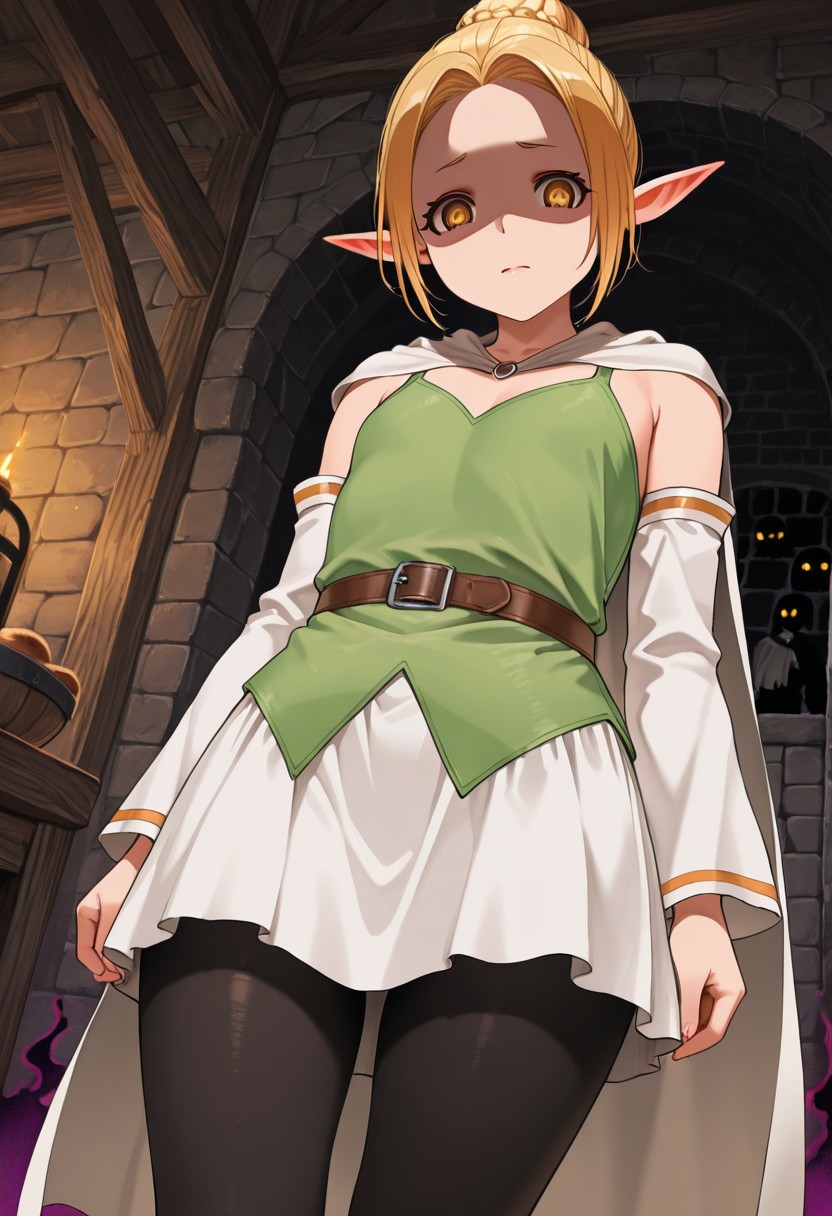 masterpiece, amazing quality, high resolution, medieval tavern, ry0n, hair bun, blond hair, yellow eyes, elf, flat chest, green clothes, belt, short white cape,white skirt, detached sleeves, black pantyhose, standing, upward angle, shaded face, looking down at viewer, ominous, dark aura, face close up