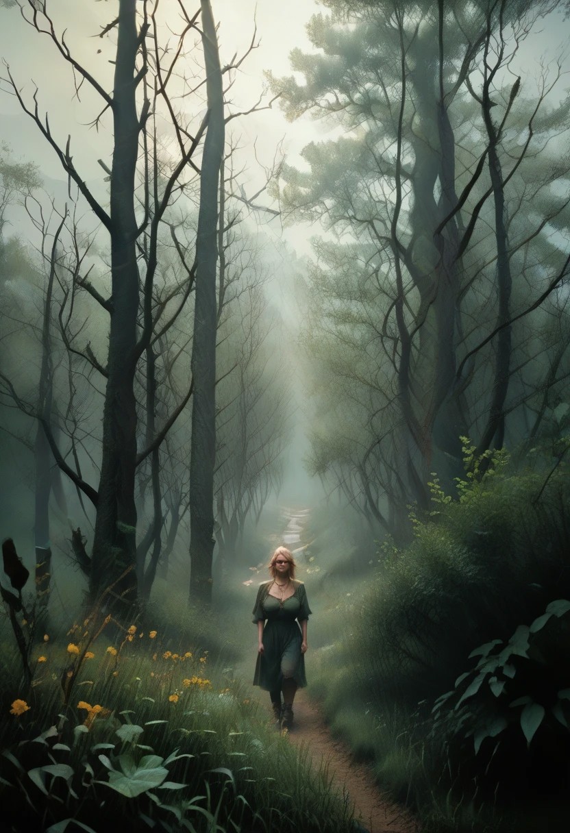 score_9, score_8_up, score_7_up, photorealistic painting, highly detailed, masterpiece, detailed, close-up of busty Guin, a forest nymph leaning against a tree, dryad, wearing only leaves and flowers on her body, Guin, blonde hair, focus on her face and huge breasts, flowers in her hair, necklace made of leaves, American shot, misty forest in the background, ruanyi0944, bare tree, fog, grass