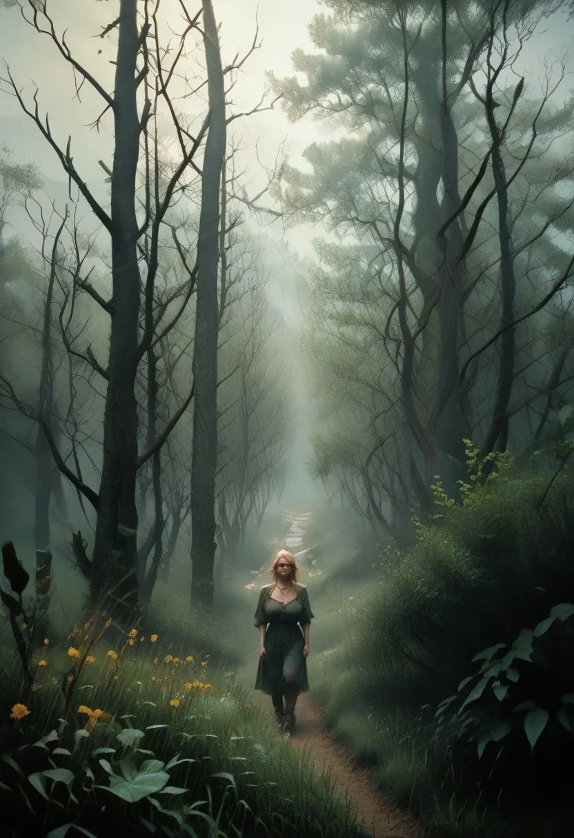 score_9, score_8_up, score_7_up, photorealistic painting, highly detailed, masterpiece, detailed, close-up of busty Guin, a forest nymph leaning against a tree, dryad, wearing only leaves and flowers on her body, Guin, blonde hair, focus on her face and huge breasts, flowers in her hair, necklace made of leaves, American shot, misty forest in the background, ruanyi0944, bare tree, fog, grass