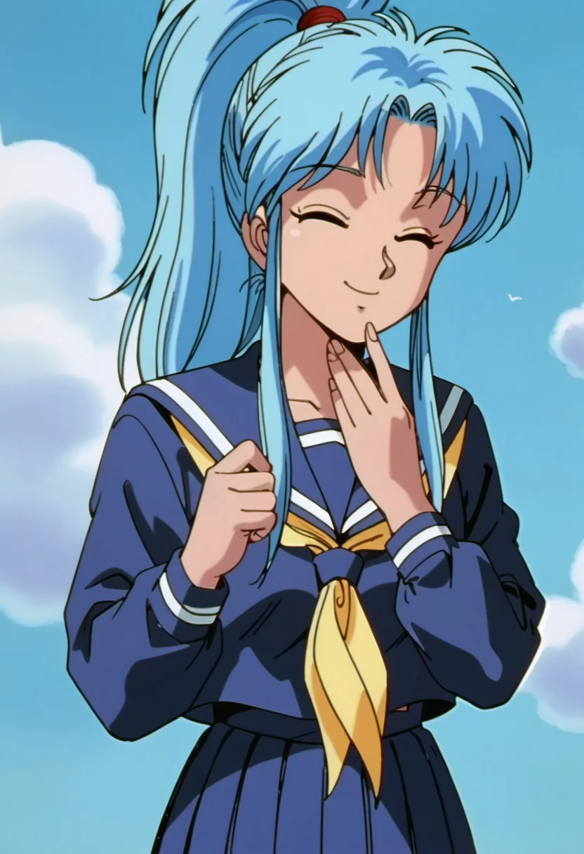 score_9, score_8_up, score_7_up, source_anime, botan (yu yu hakusho), long hair, blue hair, 1girl, solo, closed eyes, school uniform, ponytail, smile, retro artstyle, sky, cloud, serafuku, day, 1990s (style), blue sky, hand to own mouth