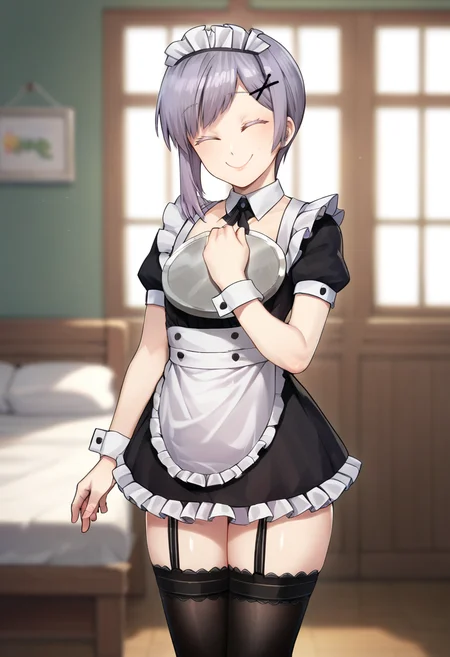 score_9, score_8_up, score_7_up, solo, indoors, <lora:add-detail-xl:3>,
BREAK
<lora:ain_in:0.8>, shiro, yellow eyes, silver hair, short hair, otoko no ko, maid, maid outfit, x hair ornament, thighhighs, maid headdress, garter straps,
BREAK
solo, standing, closed mouth, smile, closed eyes,
