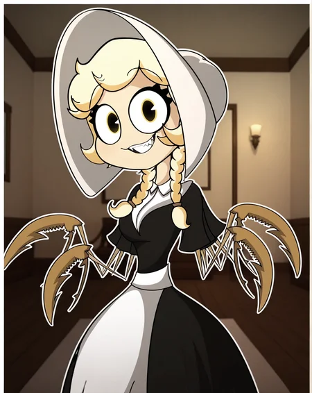 Cordie_Spidergirl, 1girl, solo, spider-girl, arthropod girl, yellow eyes, fair skin, spiky teeth, long hair, blonde hair, twin braids, pigtails, 4 arms, pale orange claws, extra arms, white coif, white-collared, black dress, white apron, dark room,pov,from below (smile, dutch angle, naughty pose, looking at viewer, indoors, elegant room, solo, dynamic pose, full_body, head tilt,),((white background, White frame, white outline))