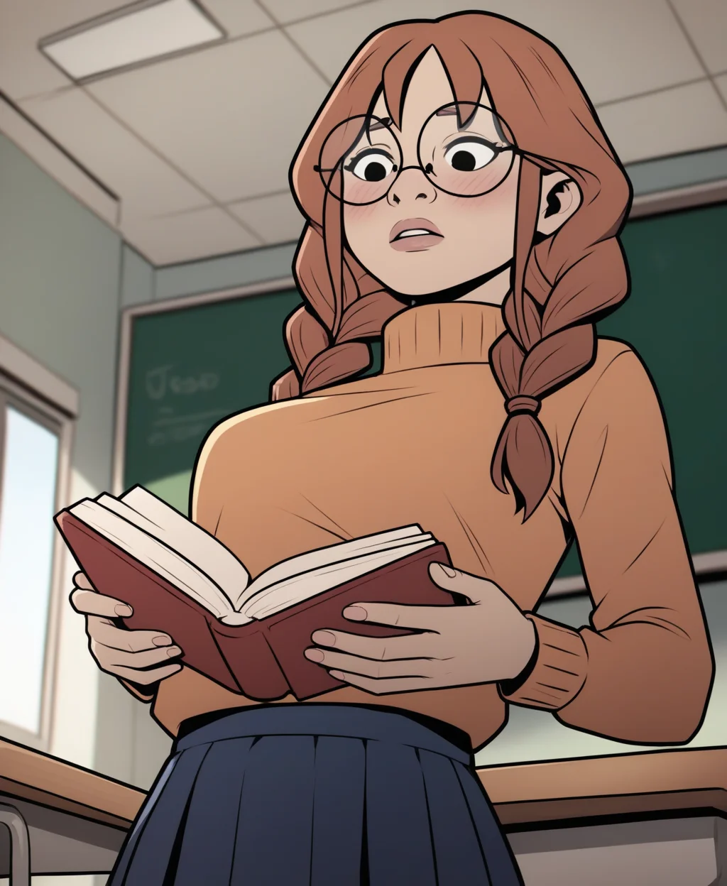 zPDXL3, <lora:PSA_Amie:1> 1girl, long hair, glasses, twin braids, brown hair, round eyewear, black eyes, breasts, parted lips, skirt, classroom, from below, turtleneck, holding book, blush, reading,