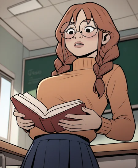 zPDXL3, <lora:PSA_Amie:1> 1girl, long hair, glasses, twin braids, brown hair, round eyewear, black eyes, breasts, parted lips, skirt, classroom, from below, turtleneck, holding book, blush, reading,