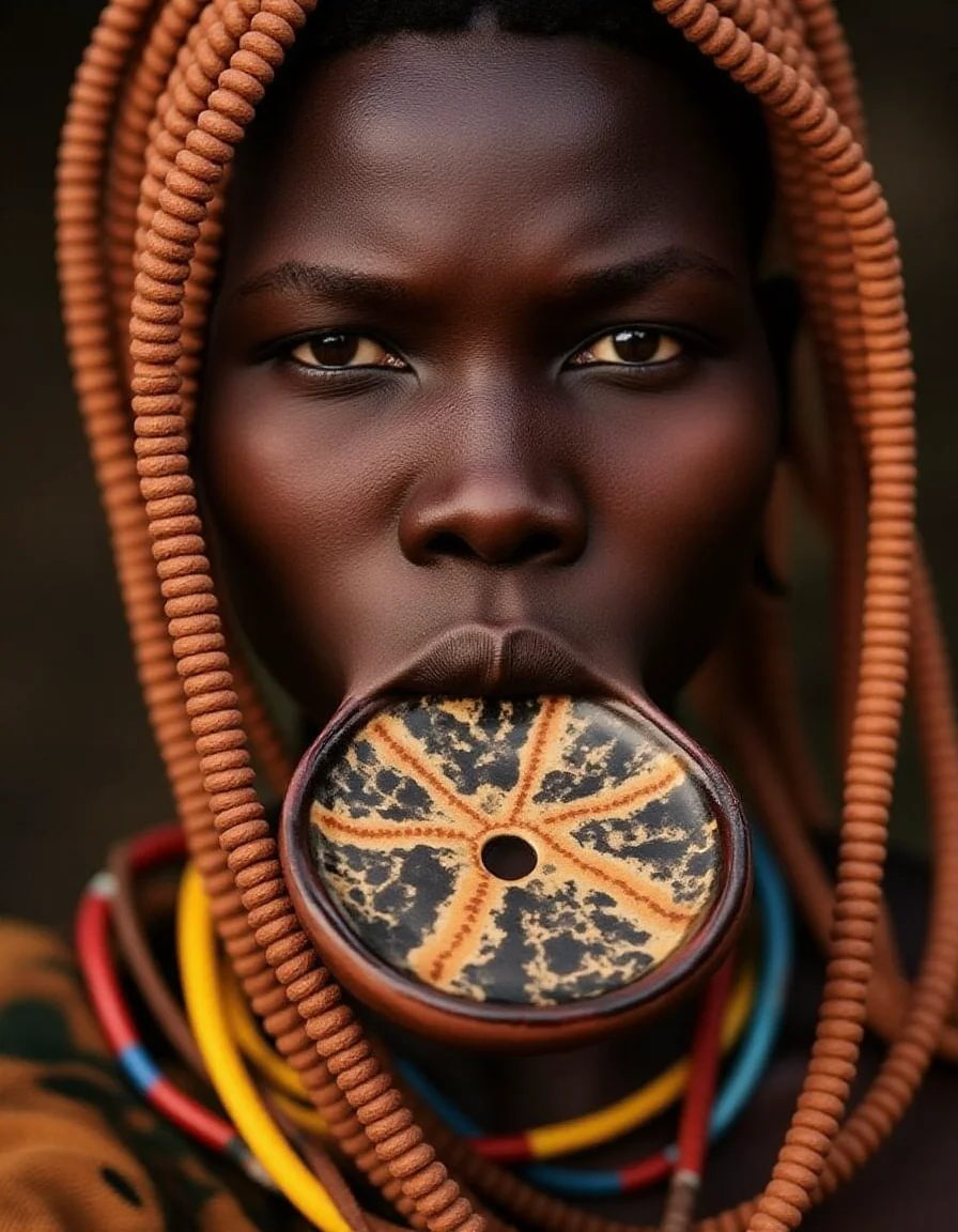 a Murs1 woman, showcasing her distinct facial features and traditional adornments. Her skin is a rich, deep brown, with high, prominent cheekbones and a broad, flat nose, emphasizing her striking natural beauty. Her piercing gaze exudes strength and wisdom, a reflection of her cultural resilience. Her ears are adorned with intricately designed wooden or clay plugs, extending her earlobes in traditional style. Around her neck are multiple layers of carefully hand-strung, colorful beaded necklaces, each bead telling a story of heritage and identity. Her hair is styled in short, tight braids coated with organic mud and natural pigments in earthy ochre tones. The iconic large ceramic lip plate (dhebi a tugoin) accentuates her appearance, decorated with fine hand-painted patterns symbolizing Murs1 artistry. Every detail, from her facial features to her traditional jewelry, is rendered in highly realistic textures and vibrant detail, capturing the essence of her identity within the cultural context.
<lora:mursi:1>, beautiful light set up, dynamic range lighting, RAW candid cinema, 16mm, color graded portra 400 film, remarkable color, ultra realistic, textured skin, remarkable detailed pupils, realistic dull skin noise, visible skin detail, skin fuzz, dry skin, shot with cinematic camera