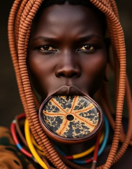 a Murs1 woman, showcasing her distinct facial features and traditional adornments. Her skin is a rich, deep brown, with high, prominent cheekbones and a broad, flat nose, emphasizing her striking natural beauty. Her piercing gaze exudes strength and wisdom, a reflection of her cultural resilience. Her ears are adorned with intricately designed wooden or clay plugs, extending her earlobes in traditional style. Around her neck are multiple layers of carefully hand-strung, colorful beaded necklaces, each bead telling a story of heritage and identity. Her hair is styled in short, tight braids coated with organic mud and natural pigments in earthy ochre tones. The iconic large ceramic lip plate (dhebi a tugoin) accentuates her appearance, decorated with fine hand-painted patterns symbolizing Murs1 artistry. Every detail, from her facial features to her traditional jewelry, is rendered in highly realistic textures and vibrant detail, capturing the essence of her identity within the cultural context.
<lora:mursi:1>, beautiful light set up, dynamic range lighting, RAW candid cinema, 16mm, color graded portra 400 film, remarkable color, ultra realistic, textured skin, remarkable detailed pupils, realistic dull skin noise, visible skin detail, skin fuzz, dry skin, shot with cinematic camera
