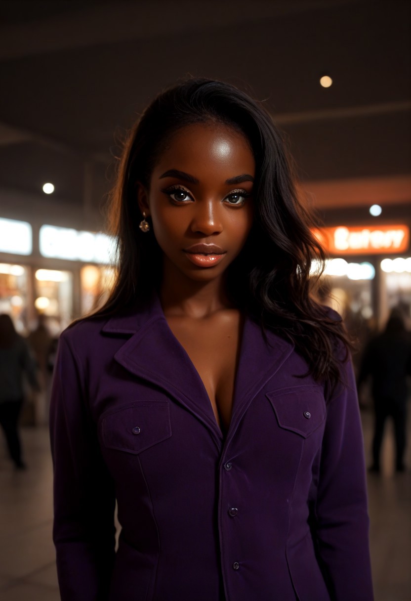score_9, score_8_up, score_7_up, score_6_up, typical r/IRLgirls candid photo,ebony, beaytiful ebony model, dark skin, 20yo ebony librarian, darkskinned, nigerian, candid RAW portrait photo of a woman, medium perky breasts, with (dark hair:1.0) and a (purple colored suit:1.0) on a dark street with shopping windows (at night:1.2), bokeh, Ilford Delta 3200 film, dof, high definition, detailed, intricate, flashlight <lora:flashlightphoto_v1.5a:1>, film grain, OverallDetail,authentic,overcast-lighting,baddiecore,melanin,ultra-realistic,ultra-hd-details,<lora:igbaddie:0.4>,<lora:Elixir:0.6>,<lora:epiCRealLife:0.6>,<lora:birthday_girl:0.4>,