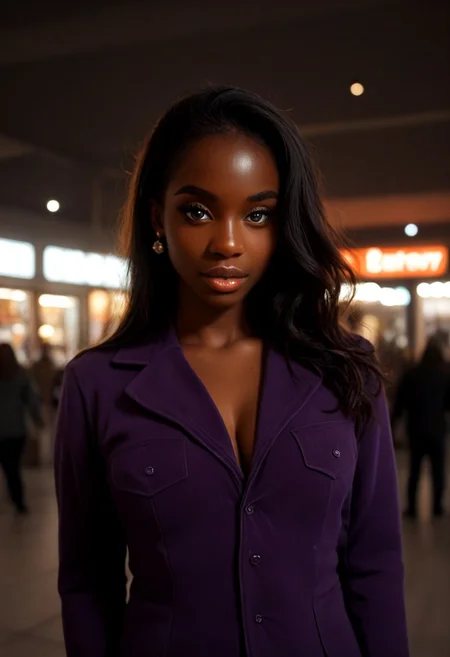 score_9, score_8_up, score_7_up, score_6_up, typical r/IRLgirls candid photo,ebony, beaytiful ebony model, dark skin, 20yo ebony librarian, darkskinned, nigerian, candid RAW portrait photo of a woman, medium perky breasts, with (dark hair:1.0) and a (purple colored suit:1.0) on a dark street with shopping windows (at night:1.2), bokeh, Ilford Delta 3200 film, dof, high definition, detailed, intricate, flashlight <lora:flashlightphoto_v1.5a:1>, film grain, OverallDetail,authentic,overcast-lighting,baddiecore,melanin,ultra-realistic,ultra-hd-details,<lora:igbaddie:0.4>,<lora:Elixir:0.6>,<lora:epiCRealLife:0.6>,<lora:birthday_girl:0.4>,