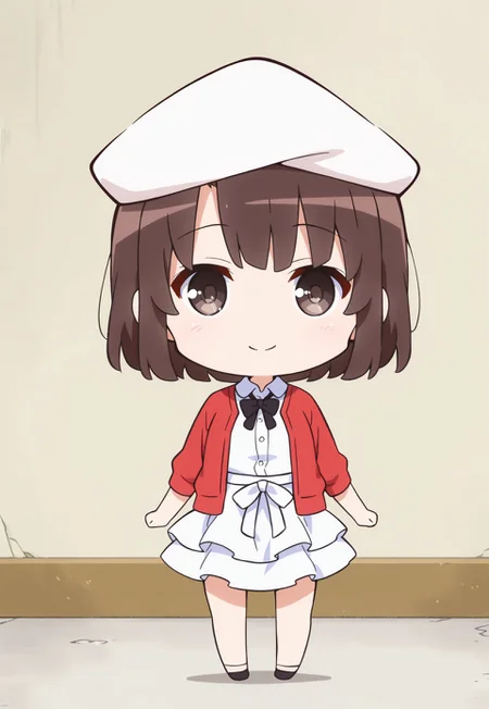 m3gum1kat0, 1girl,solo,brown hair,bangs,short hair,white beret,red cardigan,white blouse,black bow tie,white waist ribbon,white layered ruffle skirt,Chibi, smile,Full body, Cute pose, minimalist style,