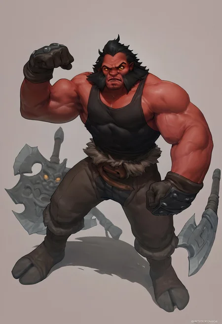 score_9, score_8_up, score_7_up, score_6_up, score_5_up, score_4_up, dota2axe, mutton chops, red skin, black hair, pauldron, gloves, low angle, muscular male flexing, black tank top