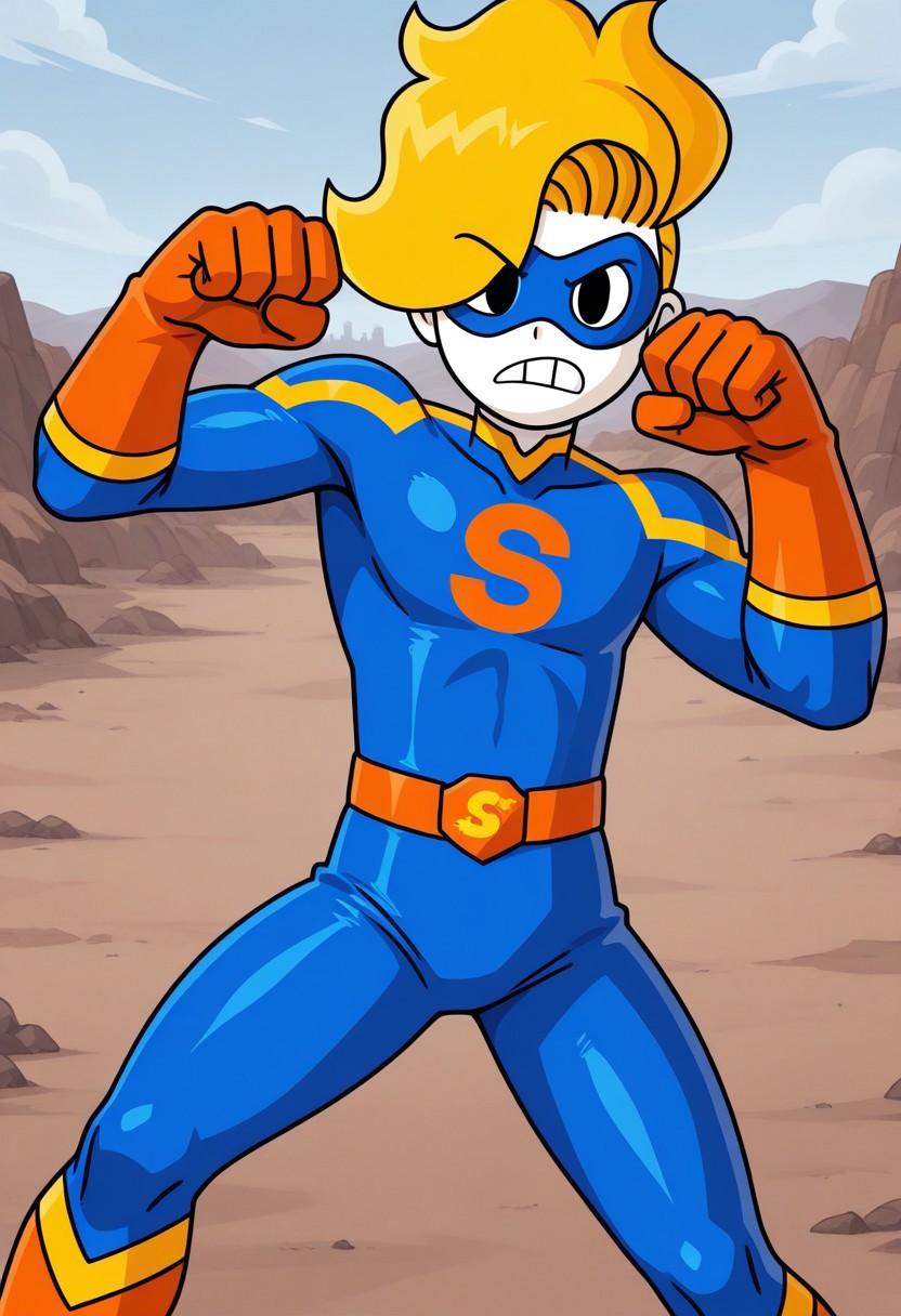 score_9, score_8_up, score_7_up, Bryson_(Haminations), 1boy, solo, blonde hair, black eyes, pale white skin, Super_Bryson, superhero costume, eye mask, fighting pose, looking at viewer, outdoors, frown, teeth