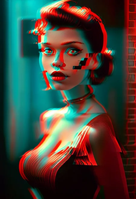 (real life, 1girl, 1950s pinup, seductively  looking at the viewer, clean brick red environment, grim style, horror lens effect, jarring optical effect, layered effects, dark shadows, hazy, grainy:1.2), (above pov, a woman looking aroused and eager, shocked, caped crusader, dark natural natural colors, HDR, 5mm:1.2), (glitch art by (Hans Feurer:1.1) and (Roe Ethridge:1.2)), glowing blue on black,