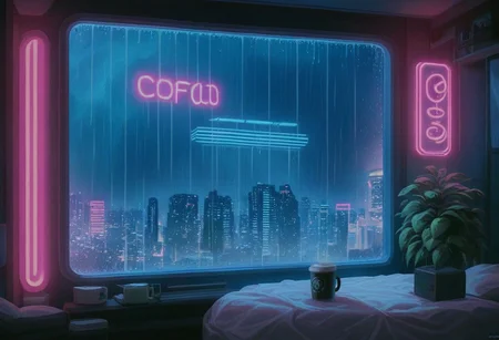 score_9,score_8_up,score_7_up,score_6_up,
steaming coffee cup on windowsill, plants on the windowsill, tidy bedrrom, small room, cramped bedroom, teddies on the bed, cyberpunk city view out of the window, neon light, purple neon lights, raining outside, rain on the glass