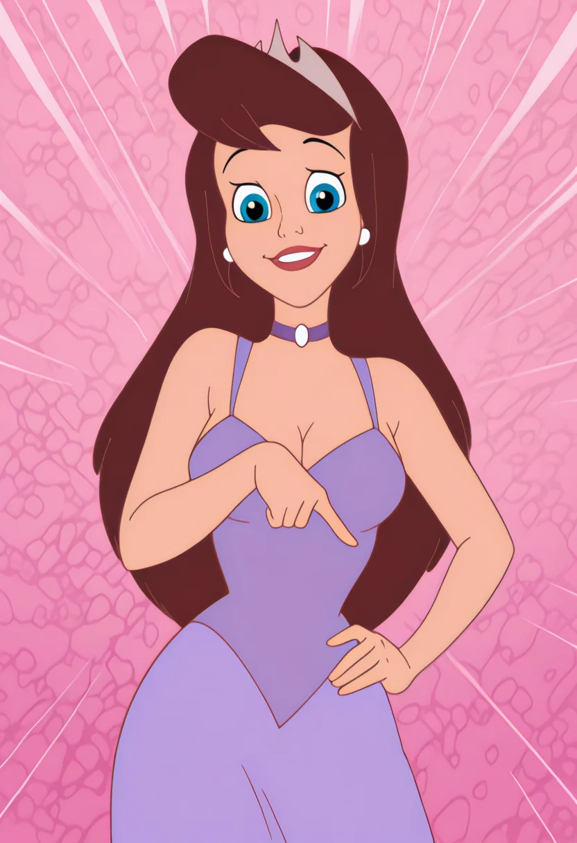 masterpiece, best quality, amazing quality, c14r4p, 1girl, brown hair, tiara, white earrings, purple choker, purple dress, pointing down, hand on hip, looking at viewer, smile, cowboy shot, pink background, (colorful sparkles background, light rays:0.9),