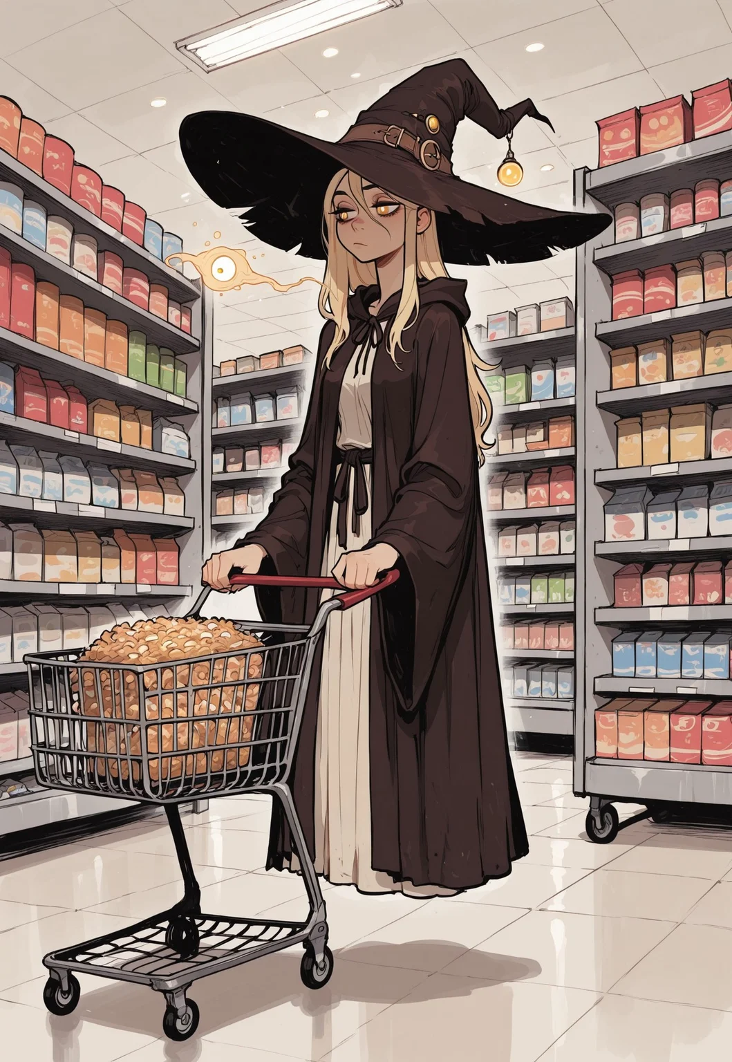 score_9, score_8_up, score_7_up, masterpiece, best quality, very aesthetic, 1woman, incoth, (incase:0.6), detailed face, (dynamic:1), blonde hair, long hair, golden eyes, white pupils, mage, mage robes, huge brim hat, witch hat, (levitating, floating:1.1), supermarket, shopping, shopping cart, shelves, bored, spell, levitating cereal boxes, 