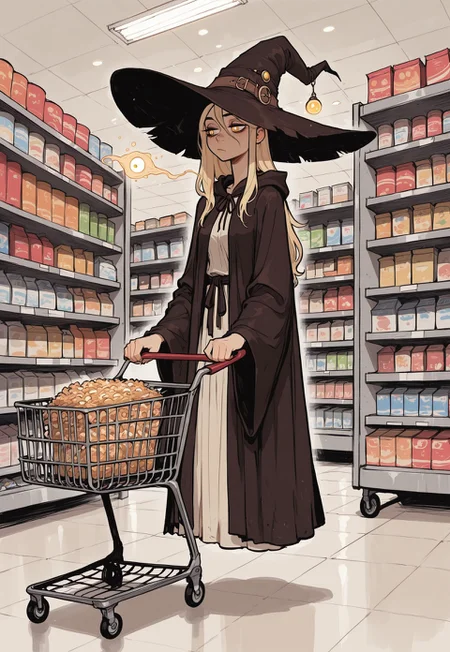 score_9, score_8_up, score_7_up, masterpiece, best quality, very aesthetic, 1woman, incoth, (incase:0.6), detailed face, (dynamic:1), blonde hair, long hair, golden eyes, white pupils, mage, mage robes, huge brim hat, witch hat, (levitating, floating:1.1), supermarket, shopping, shopping cart, shelves, bored, spell, levitating cereal boxes, 