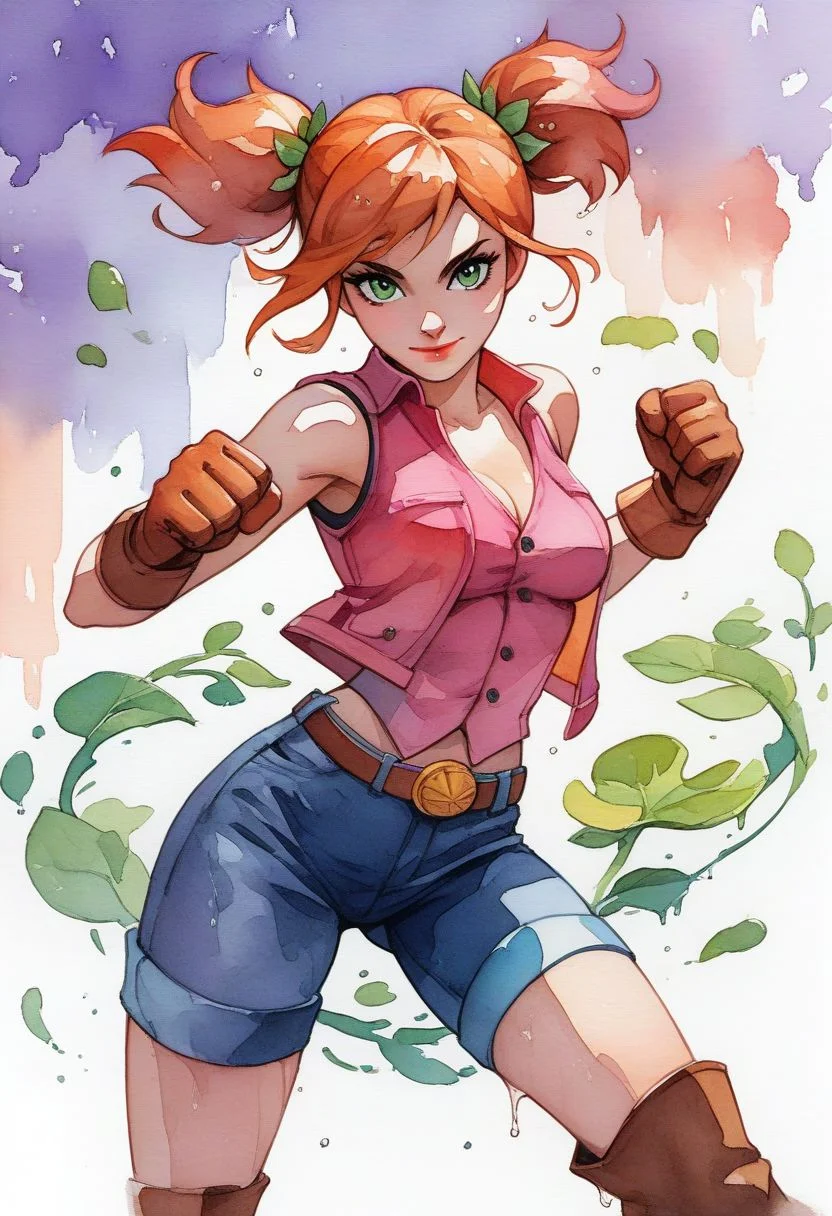 score_9, score_8_up, score_7_up, score_6_up, source_cartoon,Flora, 1girl, female, 21 y.o. female, solo, femenine, wet hair, orange hair, raised short twintails hairstyle,green eyes, pink lips, smile, pink vest, jean shorts, gloves, knee boots, medium breasts, female focus, official style, full-body-shot, perfect anatomy, perfect face,fighting pose, dynamic pose, abstract beauty, beautiful, centered, looking at the camera, approaching perfection, dynamic, moonlight, highly detailed, watercolor painting, artstation, concept art, smooth, sharp focus, illustration, portrait