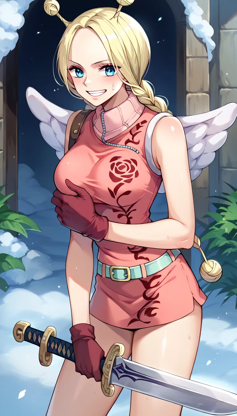 score_9, score_8_up, score_7_up, score_6_up, score_5_up, score_4_up, 1girl, conis, wings, blonde hair, antenna hair, twin braids, blue eyes, pink dress, turtleneck, green belt, red gloves, sword, <lora:Conis_v2:1>