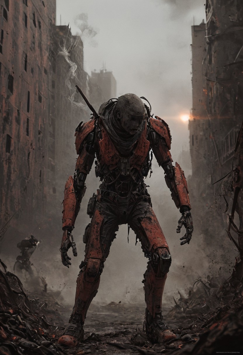 a combat cyborg, battle damaged, looking at the sunset over a faraway distopian city, smoke rising high on the horizon, colorful, muted rusted eroded paint,