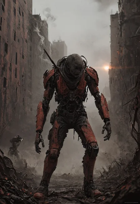 a combat cyborg, battle damaged, looking at the sunset over a faraway distopian city, smoke rising high on the horizon, colorful, muted rusted eroded paint,