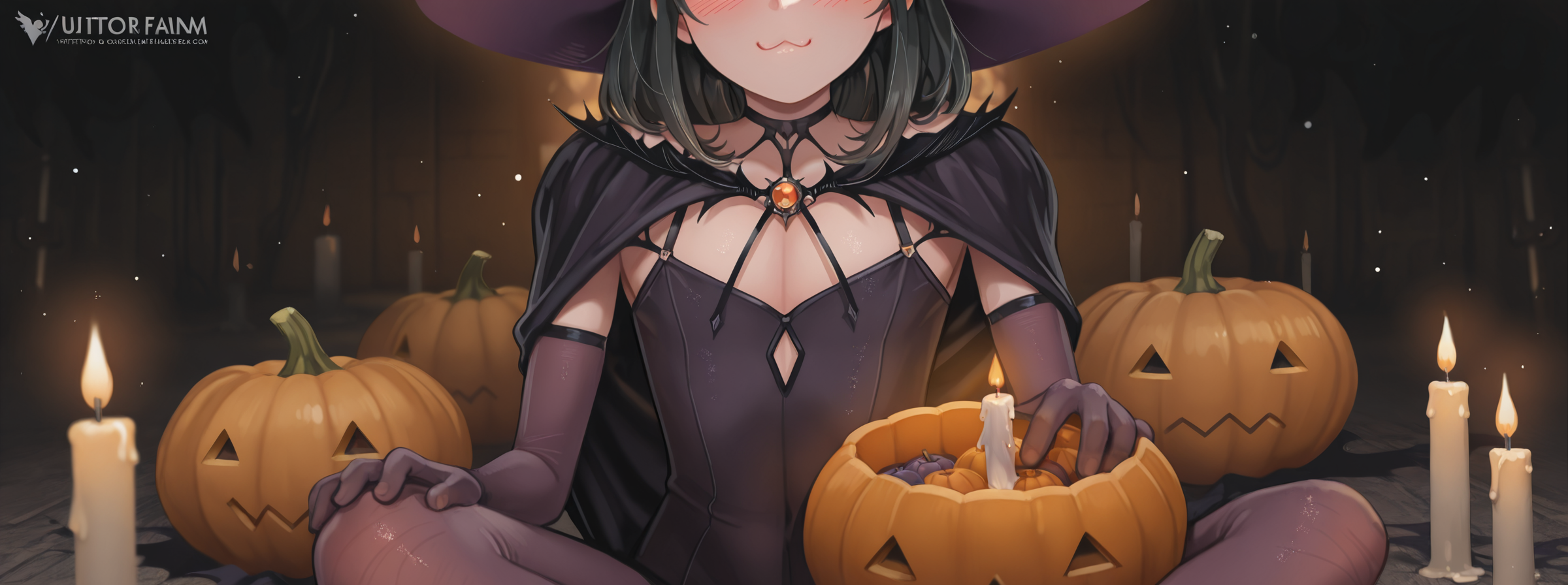 ultra detailed, masterpiece, best quality, 1male, adult, otoko no ko, blush, witch outfit, black hair, dark farm, pumpkins, candles, sitting, pose, :3, intricate detailed, particles, darkness, out of frame, close-up, <lora:Steamed_Egg_Style_IL:1>