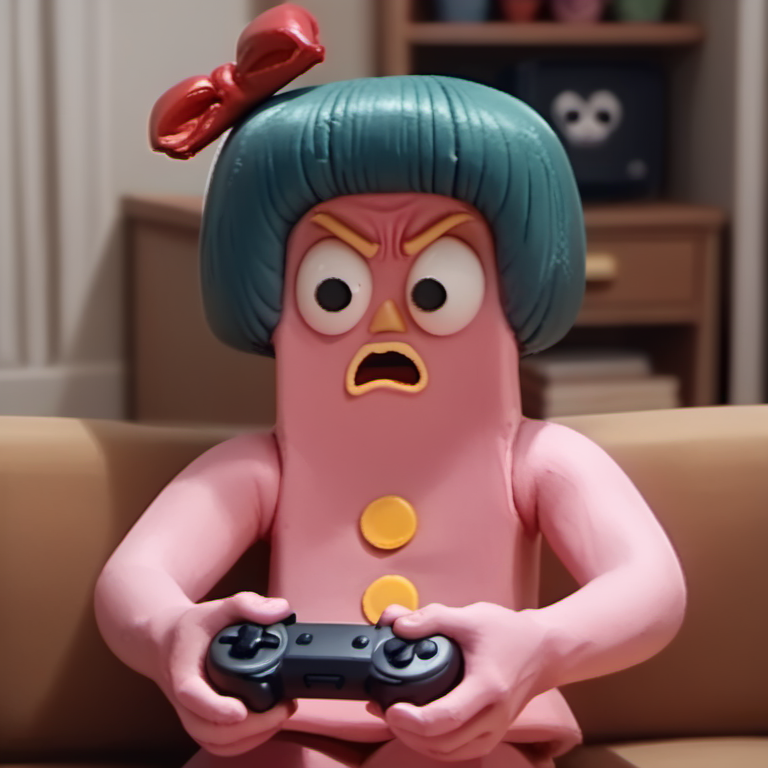 score_9, score_8_up, score_7_up, 1girl, solo, minga1, green hair, pink skin, Claymation, yelling, playing videogame, black eyes, angry child, red bow, yellow buttons, wearing headphones, holding controller, <lora:minga1-000011:1>,