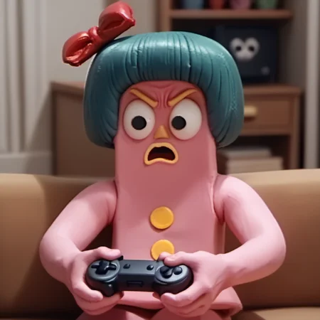 score_9, score_8_up, score_7_up, 1girl, solo, minga1, green hair, pink skin, Claymation, yelling, playing videogame, black eyes, angry child, red bow, yellow buttons, wearing headphones, holding controller, <lora:minga1-000011:1>,