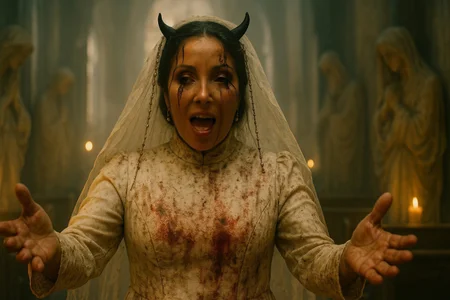 cinematic still, Georgina Montana as the demonic mother-bride, aging voluptuous Latina woman in a scorched white wedding veil threaded with rosary beads and burnt lace, subtle black horns curving softly beneath her low bun, her expression warm yet unblinking, with her forked tongue slightly extended in a tender beckon, wearing a high-collared bridal gown stained with ash and sacramental wine, arms gently open as if inviting a final embrace, upper body close-up, eye-level shot, setting is a decaying cathedral aisle flanked by weeping statues, mood of tender coercion and spiritual entrapment, diffused backlighting through smoke and glass, color theme of faded ivory, candle gold, and sacrificial crimson, directed by Brian De Palma, cinematography by John A. Alonzo, inspired by Scarface’s emotional standoffs reframed in infernal gothic surrealism