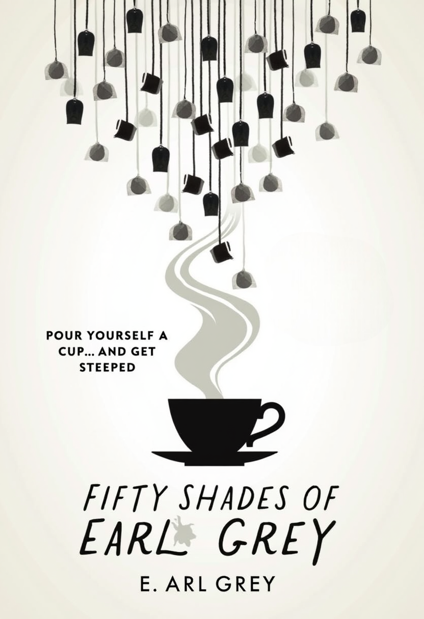 "A chic and minimalist book cover showing a teacup with swirling steam above it, but the steam is made up of different shades of gray. In the background, a variety of tea bags dangle from strings like a chandelier. The tagline says, 'Pour Yourself a Cup... and Get Steeped,' with the title Fifty Shades of Earl Grey written in sleek, modern typography. by E.Arl Grey"