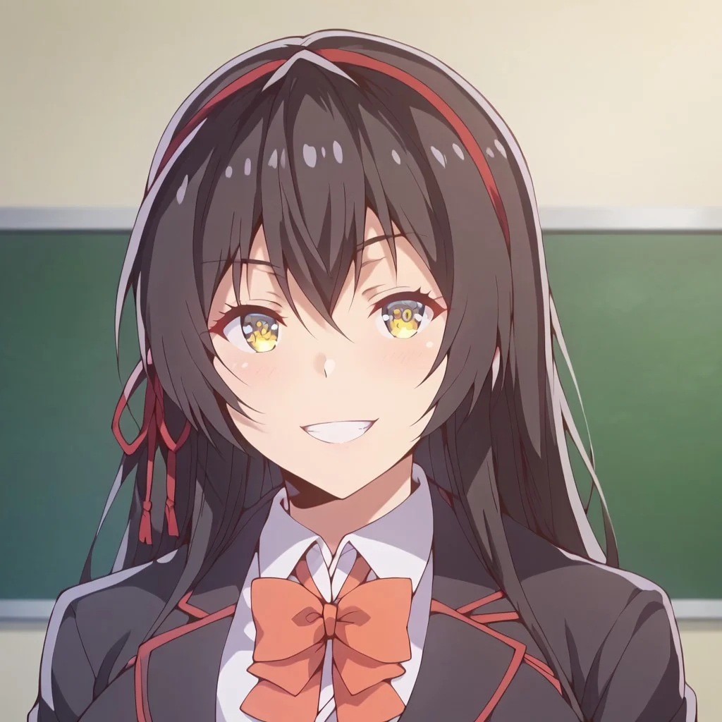 score_9_up, score_8_up, score_7_up, score_6_up, masterpiece, absurdes, highly detailed portrait, highres, high quality, best quality, high resolution, best quality, detailed eyes, high resolution
sayuki tokihara, long hair, black hair, ribbon, hair ribbon, yellow eyes, hairband, (huge breasts)
skirt, bow, school uniform, black jacket, black blazer,
upper body, grin, breasts focus,
indoor, school, ,