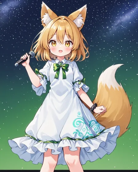 kudamaki tsukasa,1girl, sample_watermark, traditional_media, solo, star_\(symbol\), :d, fox_tail, marker_\(medium\), looking_at_viewer, wrist_cuffs, green_background, open_mouth, animal_ear_fluff, white_dress, short_sleeves, tassel, test_tube, holding_microphone, starry_background, green_bowtie, cowboy_shot, fox_girl, frilled_dress, skin_fang, hand_up, adapted_costume, frilled_cuffs, green_ribbon, blush, hair_ornament
<lora:kudamaki_tsukasa_image1939_2023-12-20-000014:1>,star-shaped_pupils,symbol-shaped_pupils,. gorgeous,key visual, vibrant, studio anime,award-winning, professional, highly detailed,high budget, cinemascope