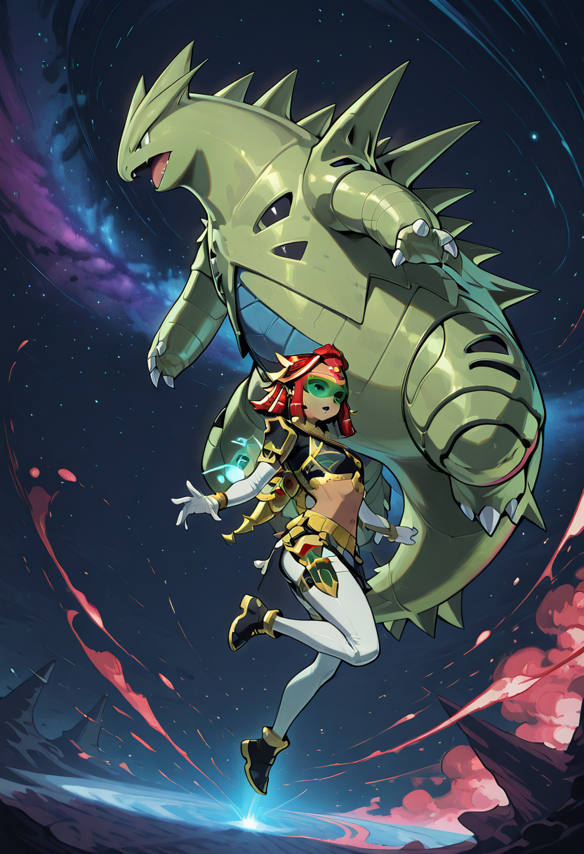 masterpiece, best quality, 1girl, eyelashes, (beautiful eyes),    zzRijuT, tyranitar, headscarf, sci-fi space outfit, white metallic bodysuit, sleek armor plates, glowing blue accents, intricate circuit patterns, high-tech fabric, glowing shoulder pauldrons, integrated utility belt, waist holster, high-tech gloves with built-in gadgets, metallic bracers, futuristic crop top with glowing seams, holographic chest emblem, smooth, form-fitting design, space helmet with reflective visor, futuristic boots with energy-charged soles, jetpack with glowing thrusters, armor, bracelet, futuristic armor, glowing lights, spaceship, stars, nebula, (cosmic background:1.3), (dramatic lighting:1.2), zero gravity, floating, metallic surfaces, glowing panels, sleek armor, high-tech gadgets, space gloves, reflective visor, advanced technology, futuristic city on distant planet, distant galaxies, ethereal glow, mysterious atmosphere  ,<lora:RijuTyrannitarCitron_IXL:1.0>,